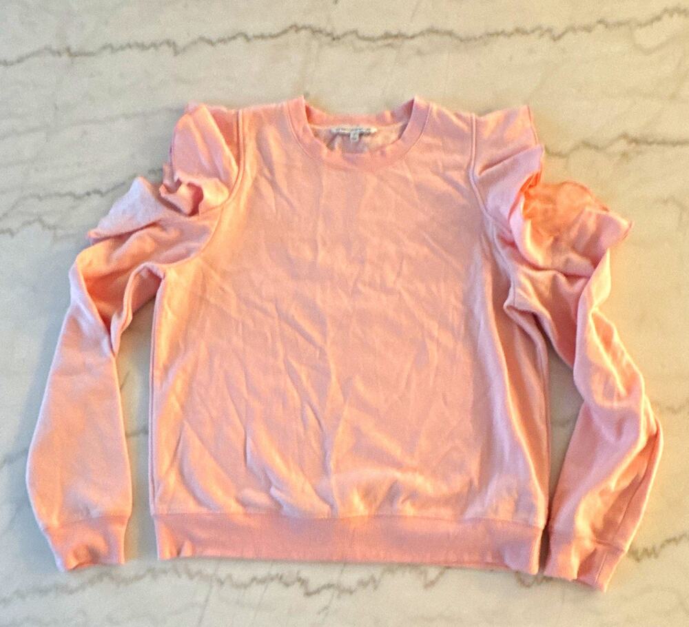Rebecca Minkoff Pink Ruffle Crew Neck Fleece Pullover Sweatshirt Women’s L 0037
